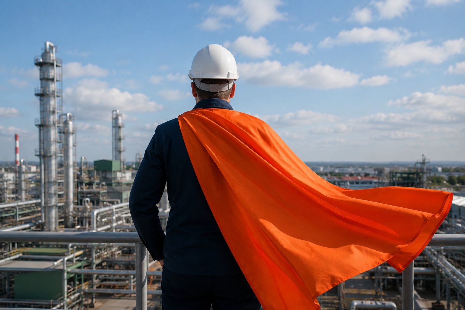 HSEQ-held met helm en oranje cape bij een raffinaderij